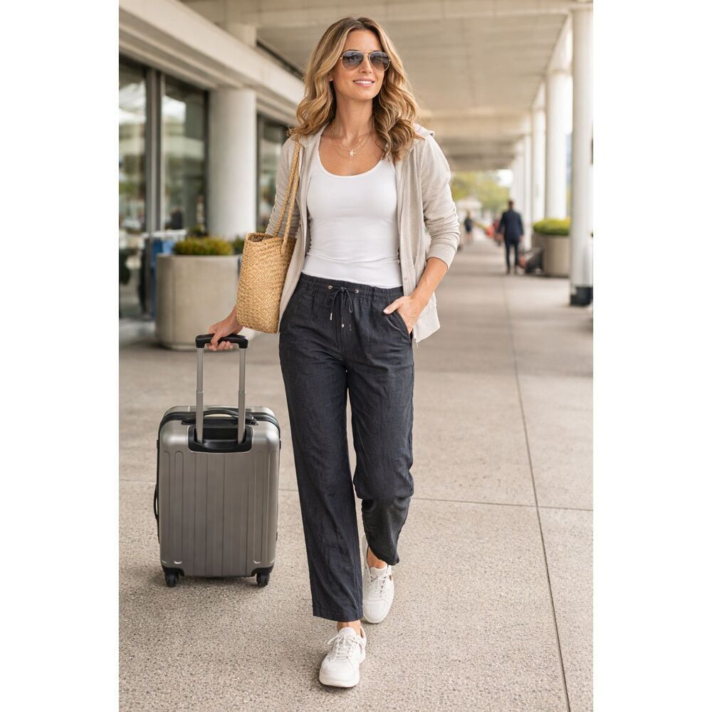 Athleta Women Size 10 Black Cabo Linen Pull On Wide Leg Pants Trousers Casual